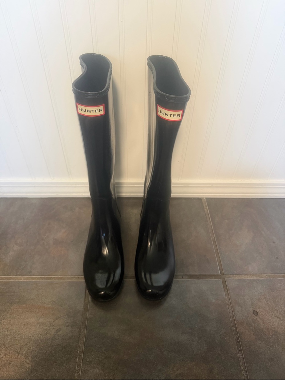 Hunter Black Gloss Knee-High Rain Boots with Red Logo